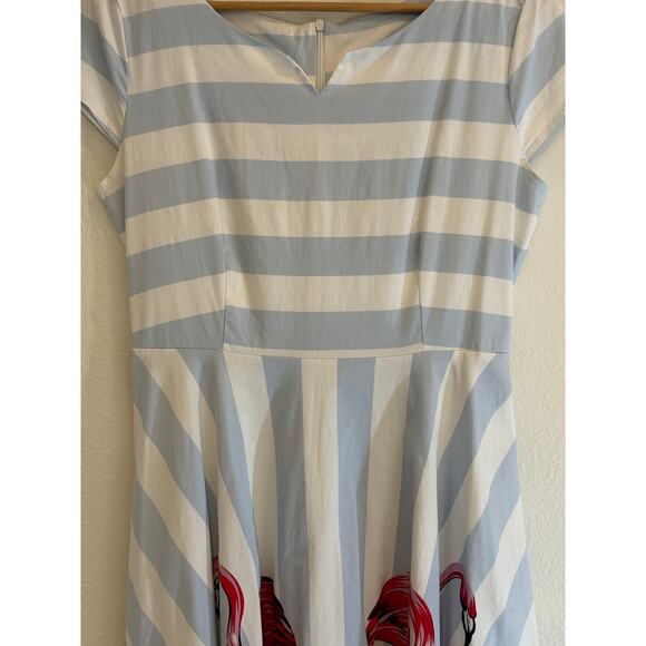 FLAMINGO Dress Blue Stripe Retro Novelty Print Floral Fit Flare | LARGE - Picture 4 of 7